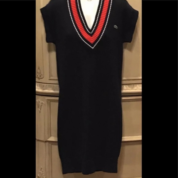 Lacoste Dresses & Skirts - Lacoste Cable Knit Tipped V Neck Sweater Dress M